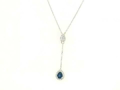 Blue sapphire and diamond drop necklace in 18K white gold pear-shaped sapphire with halo – Emirates Diamonds