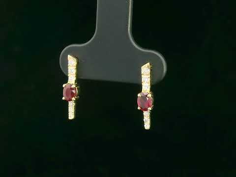 18K gold vertical earrings with 0.51ct oval rubies and 0.16ct round diamonds in a linear design with screw-back posts
