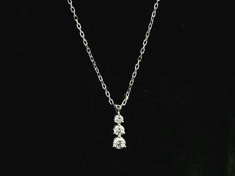 18K white gold three stone natural diamond journey pendant necklace featuring 0.36 carat round brilliant diamonds in a vertical prong setting with matching white gold chain.