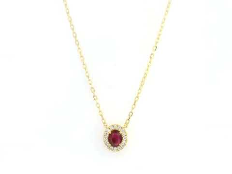 Oval ruby diamond halo pendant necklace in 18K yellow gold