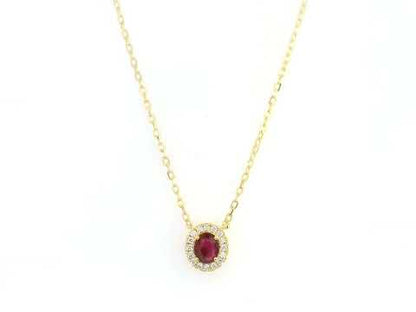 Oval ruby diamond halo pendant necklace in 18K yellow gold