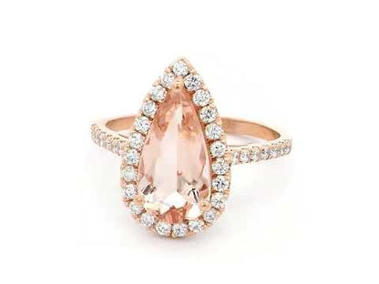 18K Rose Gold Pear-Shaped Morganite and Diamond Halo Ring