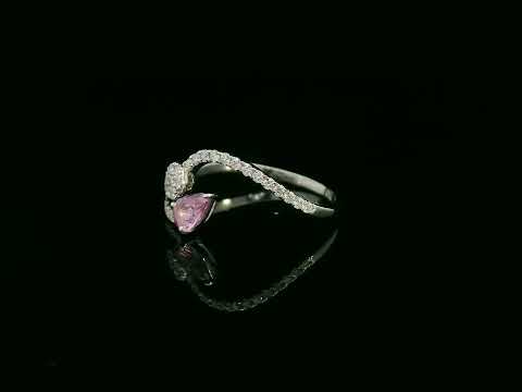 18K white gold bypass ring with pear-cut pink sapphire and diamond cluster