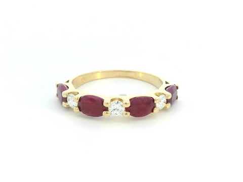 18K gold ring with alternating oval rubies and round diamonds – half eternity design, stackable birthstone ring