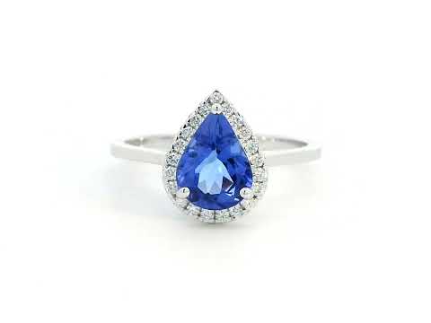 18K gold pear-shaped tanzanite halo ring with 1.60 Ct tanzanite and 0.15 Ct diamond accents, luxury gemstone jewelry