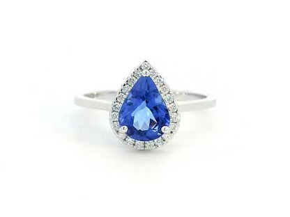 18K gold pear-shaped tanzanite halo ring with 1.60 Ct tanzanite and 0.15 Ct diamond accents, luxury gemstone jewelry