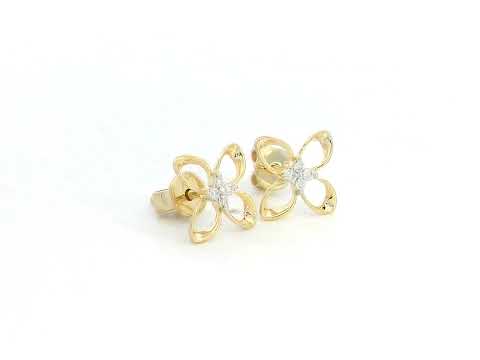 18K gold floral stud earrings with 0.05ct diamonds, featuring an open-petal design for a delicate, minimalist look.