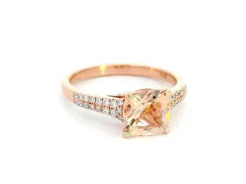 Natural 2.00-carat cushion-cut morganite and diamond engagement ring in 18K rose gold with a pave-set diamond band – romantic gemstone jewelry.