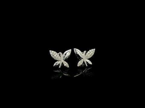 18K white gold butterfly stud earrings featuring 0.24 carat natural round brilliant diamonds with polished white gold wings.