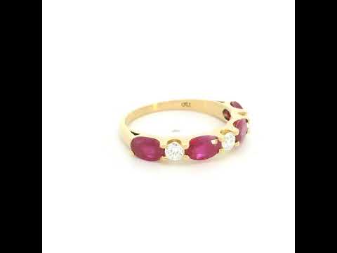 Ruby and diamond ring in 18K yellow gold with alternating oval rubies and round diamonds
