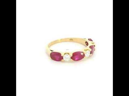 Ruby and diamond ring in 18K yellow gold with alternating oval rubies and round diamonds