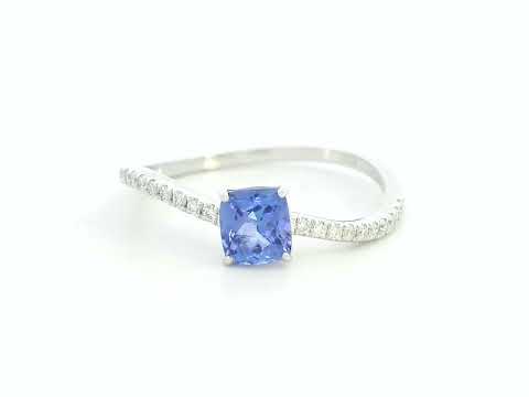 18K white gold cushion-cut tanzanite ring with diamond pavé band – Emirates Diamonds