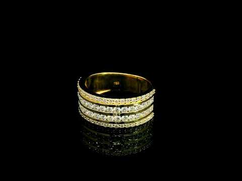 Wide diamond band ring in 18K yellow gold featuring four rows of round diamonds separated by polished gold bands.