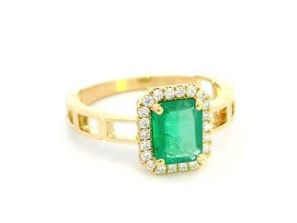 18K Yellow Gold Emerald-Cut Emerald and Diamond Halo Ring