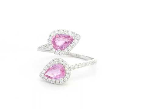 18K white gold open ring with pear-shaped pink sapphires and diamond halos by Emirates Diamonds