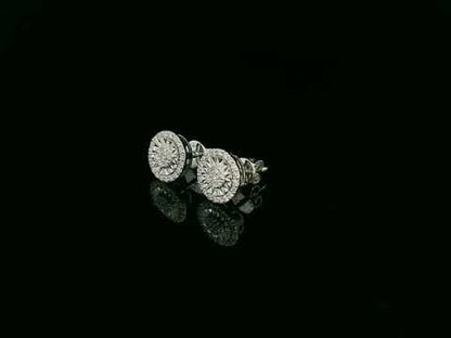 18K white gold diamond cluster stud earrings with miracle plate and halo design by Emirates Diamonds.