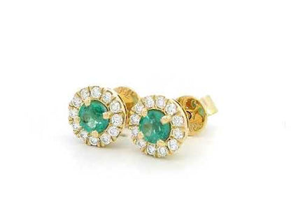 Dainty 18K gold stud earrings with round-cut emeralds and diamond halos