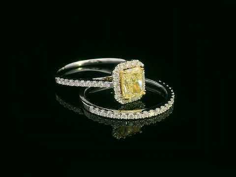 Bridal set with 1.08 carat radiant-cut fancy yellow diamond and 0.53 carat white diamonds in 18K gold