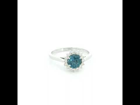London Blue Topaz halo ring in 18K white gold with diamond floral halo and 0.93 carat center stone