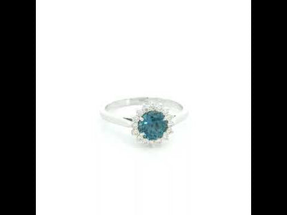 London Blue Topaz halo ring in 18K white gold with diamond floral halo and 0.93 carat center stone