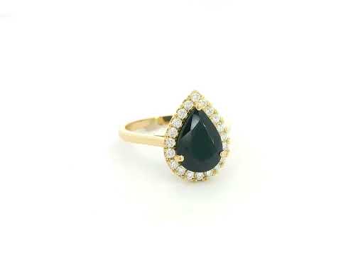 18K yellow gold pear sapphire halo ring with 3.54 carat natural sapphire and 0.36 carat diamonds