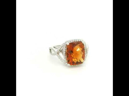 Cushion cut citrine diamond halo ring with sculptural split shank in 18K white gold