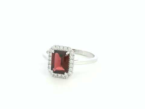 18K white gold emerald-cut garnet ring with diamond halo, elegant gemstone ring by Emirates Diamonds