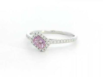 18K white gold ring with 0.42ct emerald-cut pink sapphire and 0.18ct diamond halo on pavé band