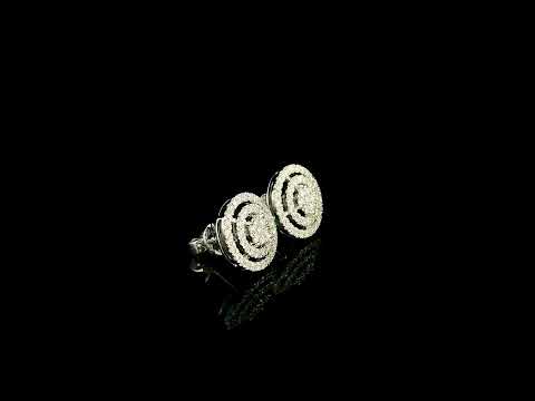 Diamond circle stud earrings in 18K white gold featuring concentric rows of round brilliant diamonds.