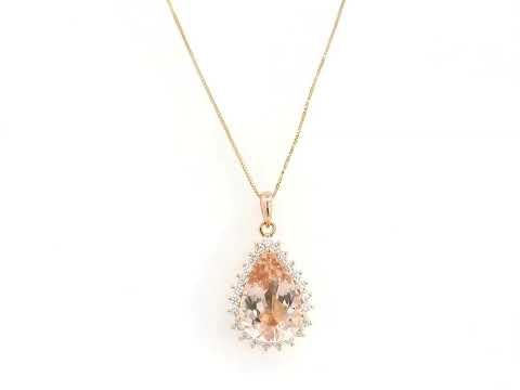 Morganite diamond pendant in 18K rose gold pear-shaped halo pendant – Emirates Diamonds