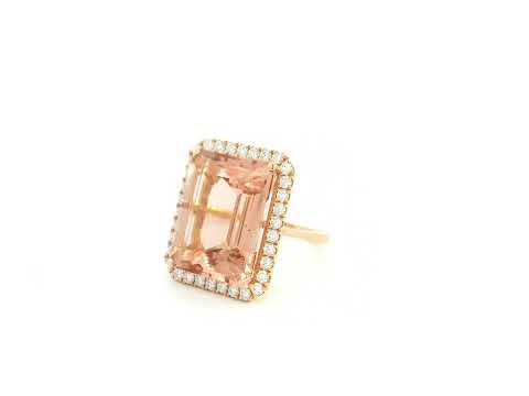 20.15 carat emerald cut Morganite and diamond halo ring in 18K rose gold by Emirates Diamonds