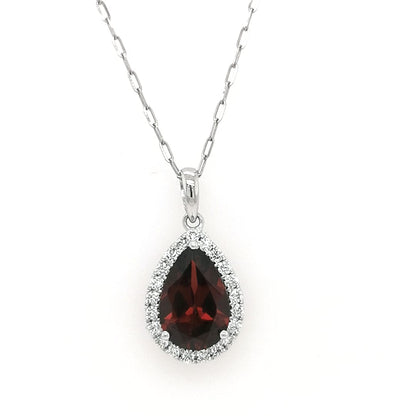 Pear Shape Garnet And Diamond Pendant Crafted In 18K White Gold