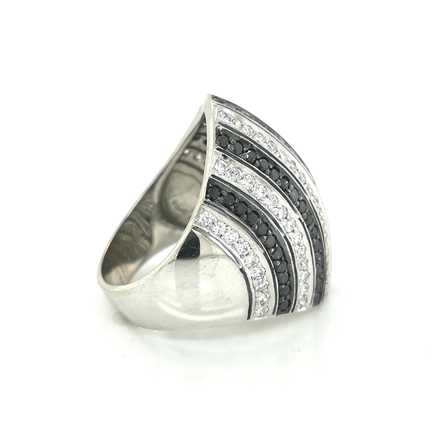 Black And White Diamond Ring, Cocktail Ring, Bombe Ring In 18k White Gold.