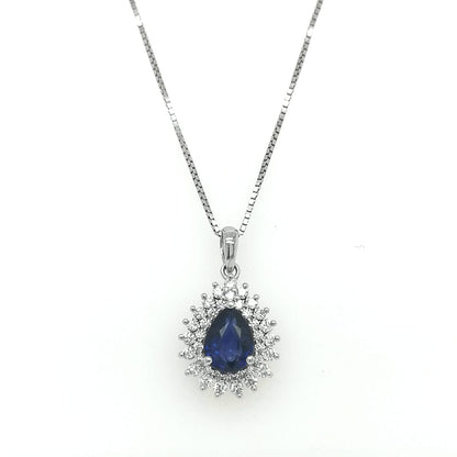 Pear Shape Sapphire And Diamond Pendant Crated In 18K White Gold