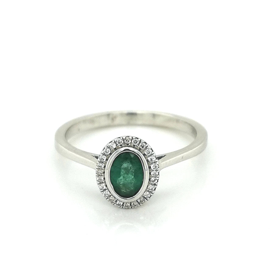Halo Emerald And Diamond Ring In 18k White Gold