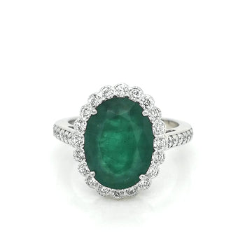 Oval Shape Emerald Diamond Ring Crafted In 18K White gold