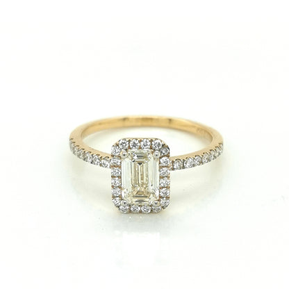 Halo Emerald Cut Solitaire Diamond Ring Crafted in 18k Yellow Gold