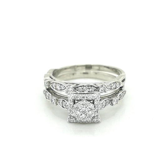 Bridal Set In Cluster Style Setting, Crafted In 18k White Gold