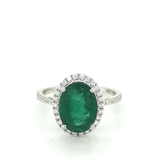 Halo Emerald And Diamond Ring In 18k White Gold