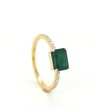 Solitaire Emerald And Diamond Ring In 18k Yellow Gold