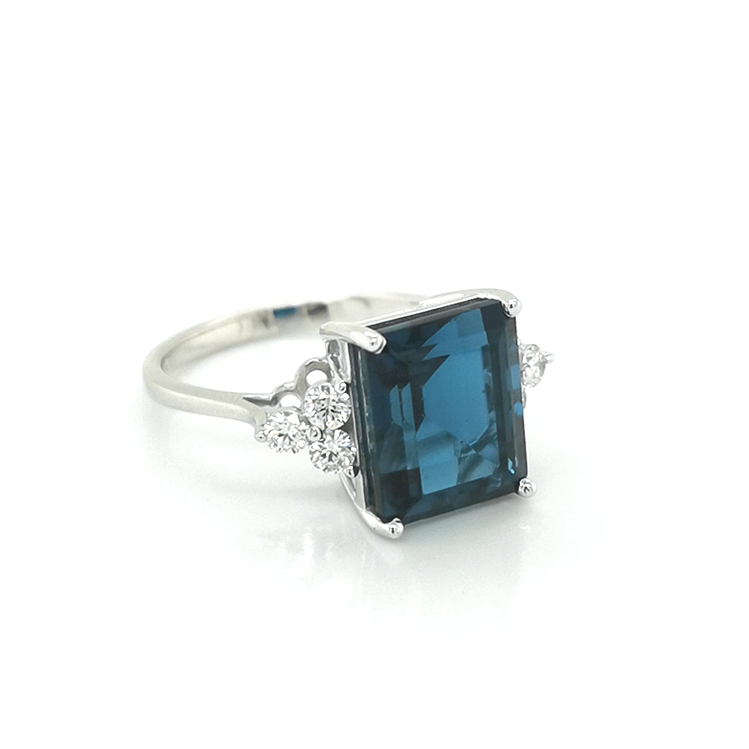 London Blue Topaz And Diamond Ring In 18k White Gold.