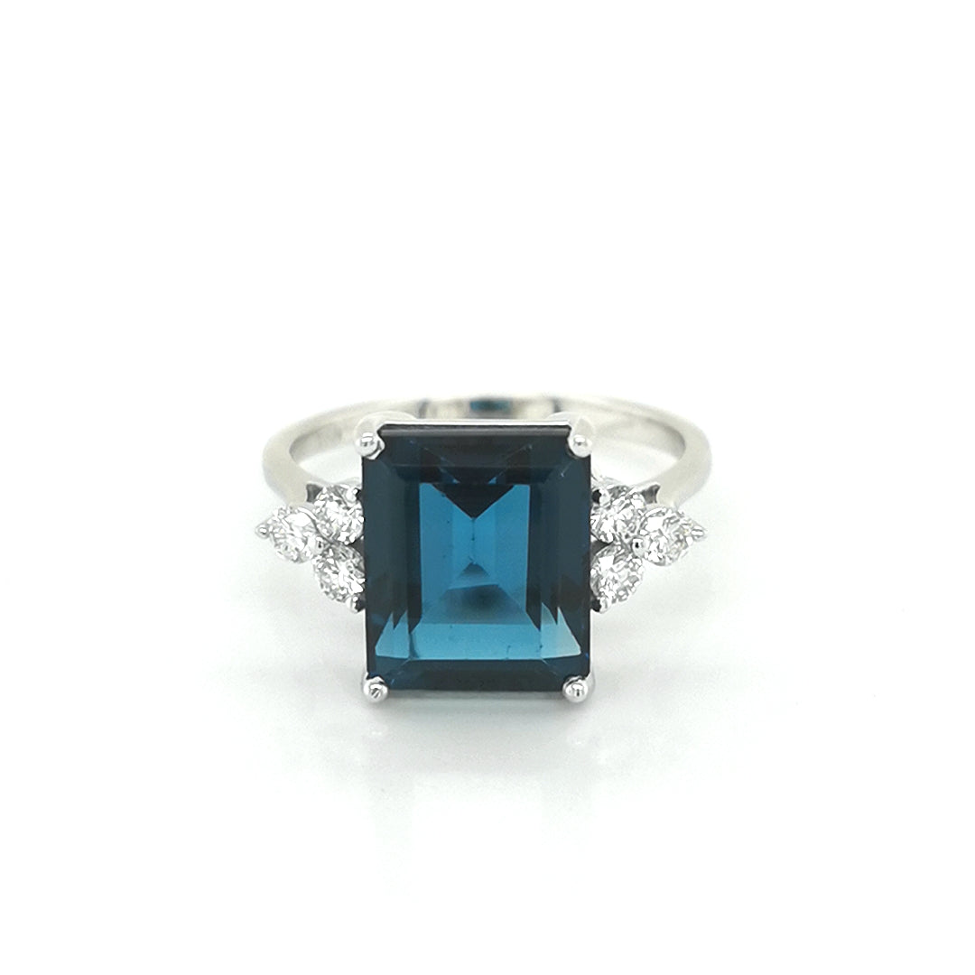 London Blue Topaz And Diamond Ring In 18k White Gold.