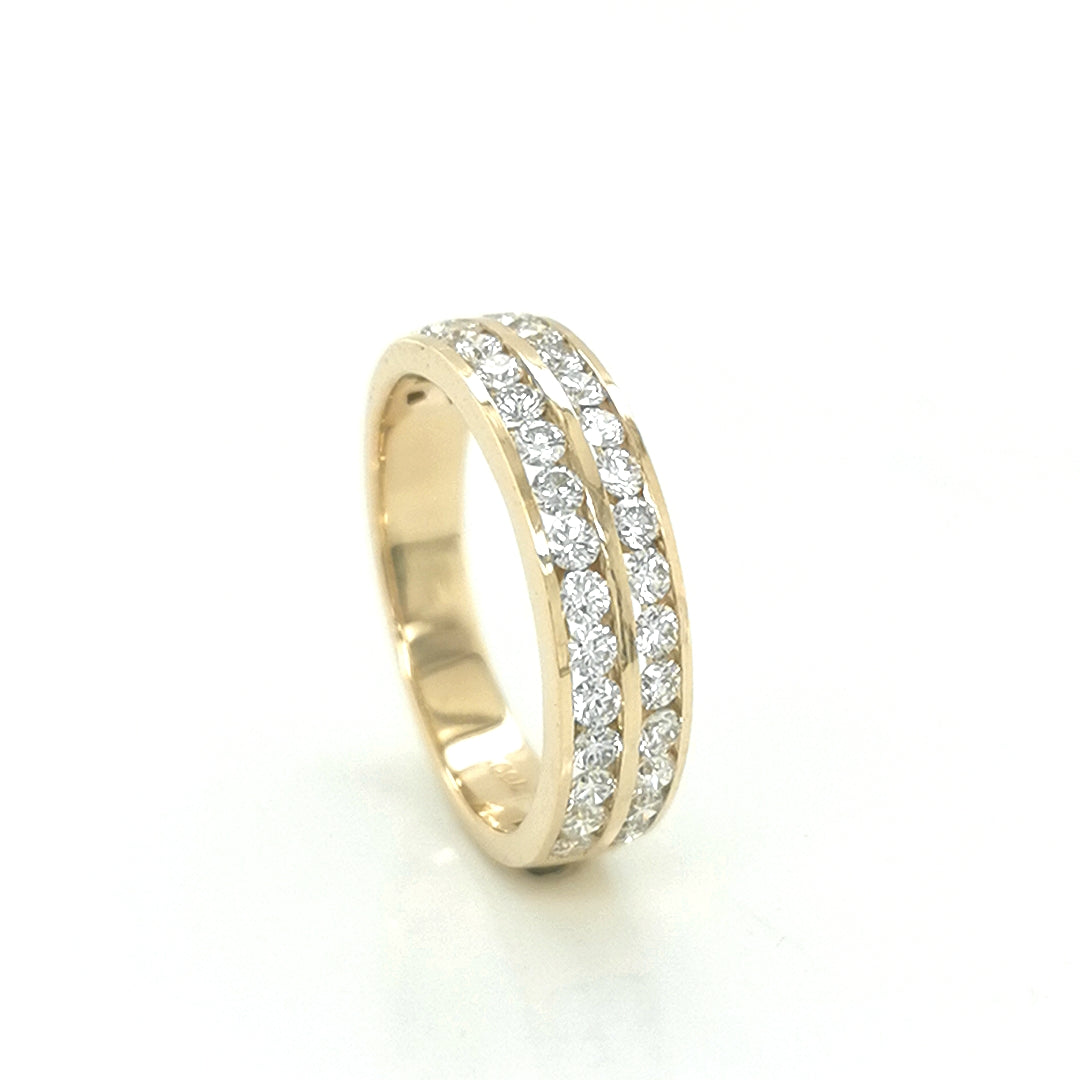 Two Row Channel Set Diamond Ring In 18k Yellow Gold.