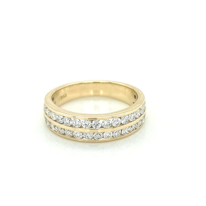 Two Row Channel Set Diamond Ring In 18k Yellow Gold.