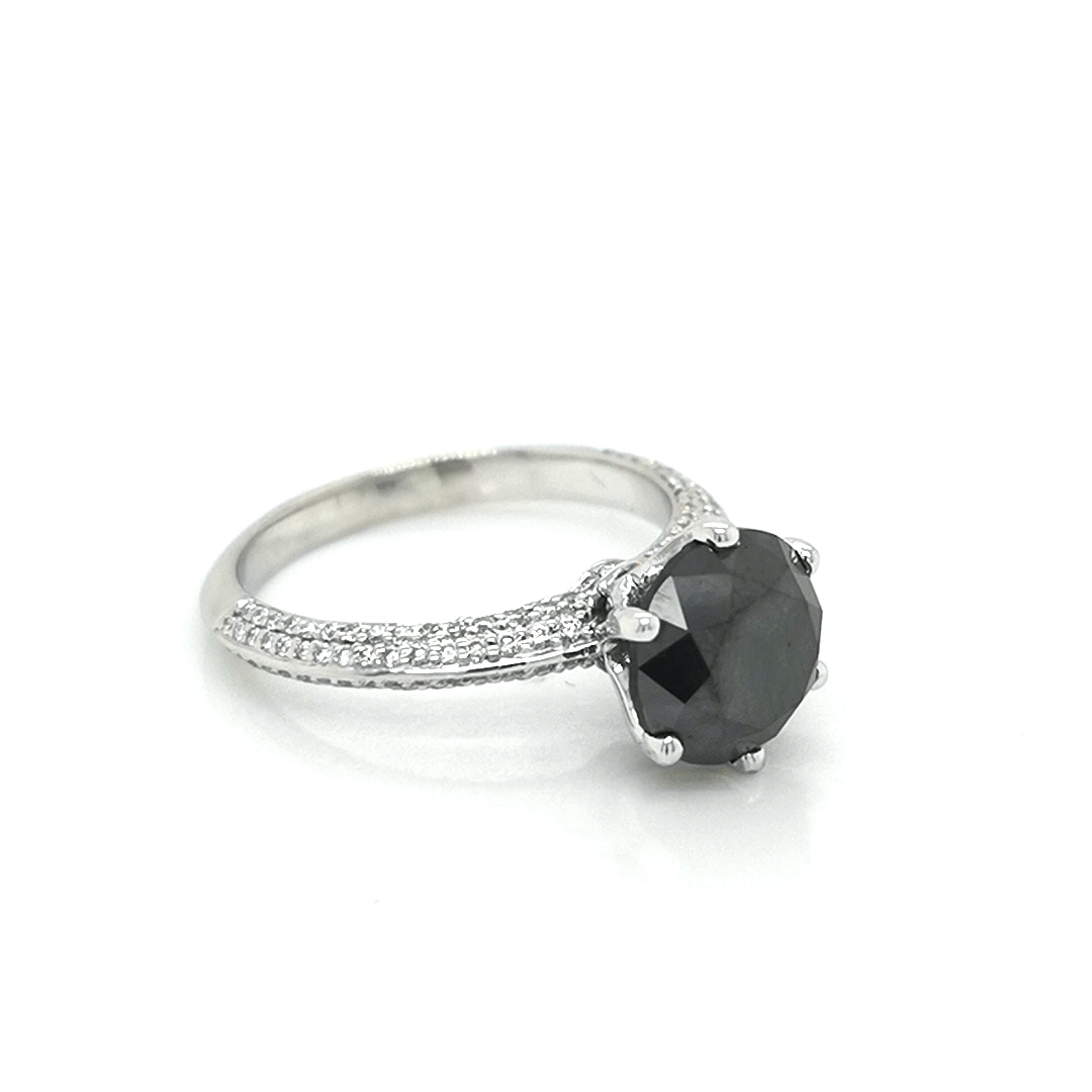 Solitaire Black Diamond Engagement Ring In 18k White Gold