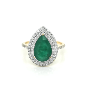 Double Halo Pear Shape Emerald And Diamond Ring In 18k Yellow Gold.