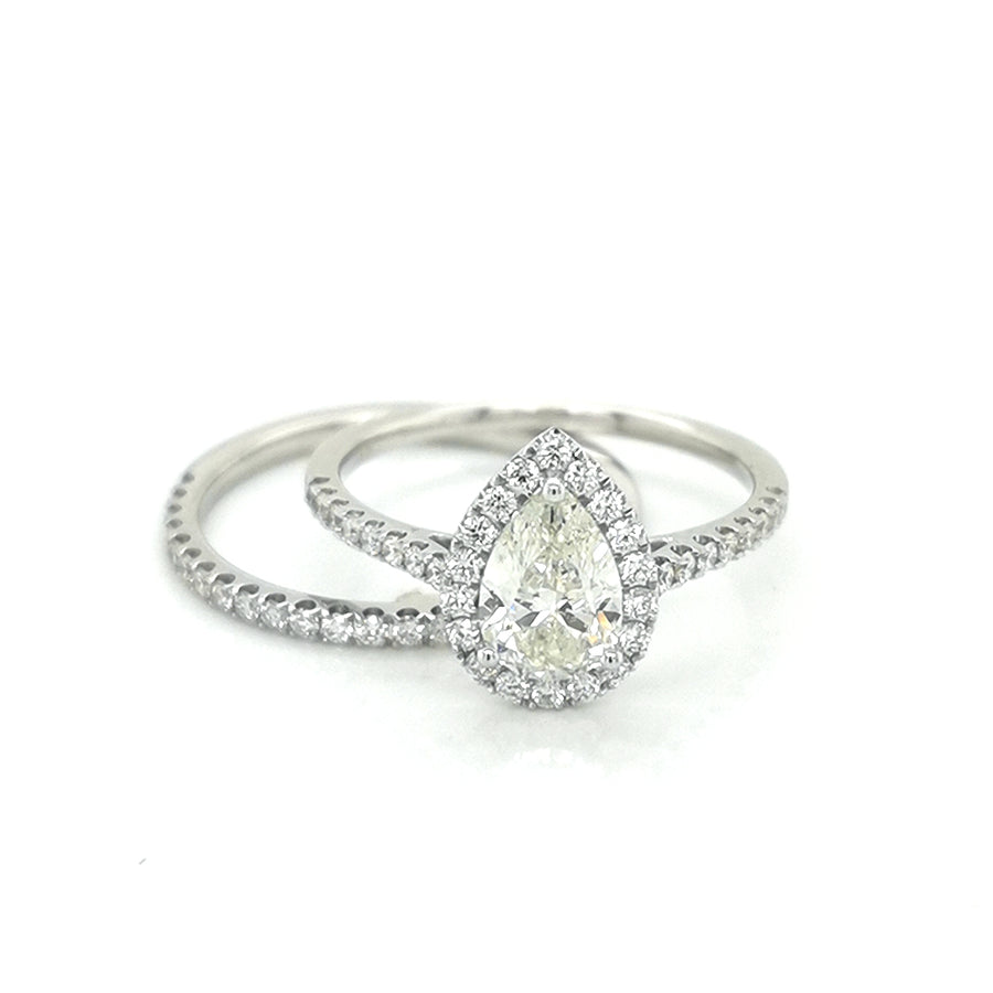 Pear Shaped Halo Wedding Ring Set In 18k White Gold.