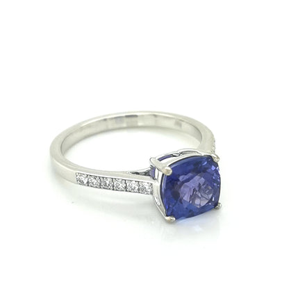 Solitaire Tanzanite And Diamond Ring In 18k White Gold.