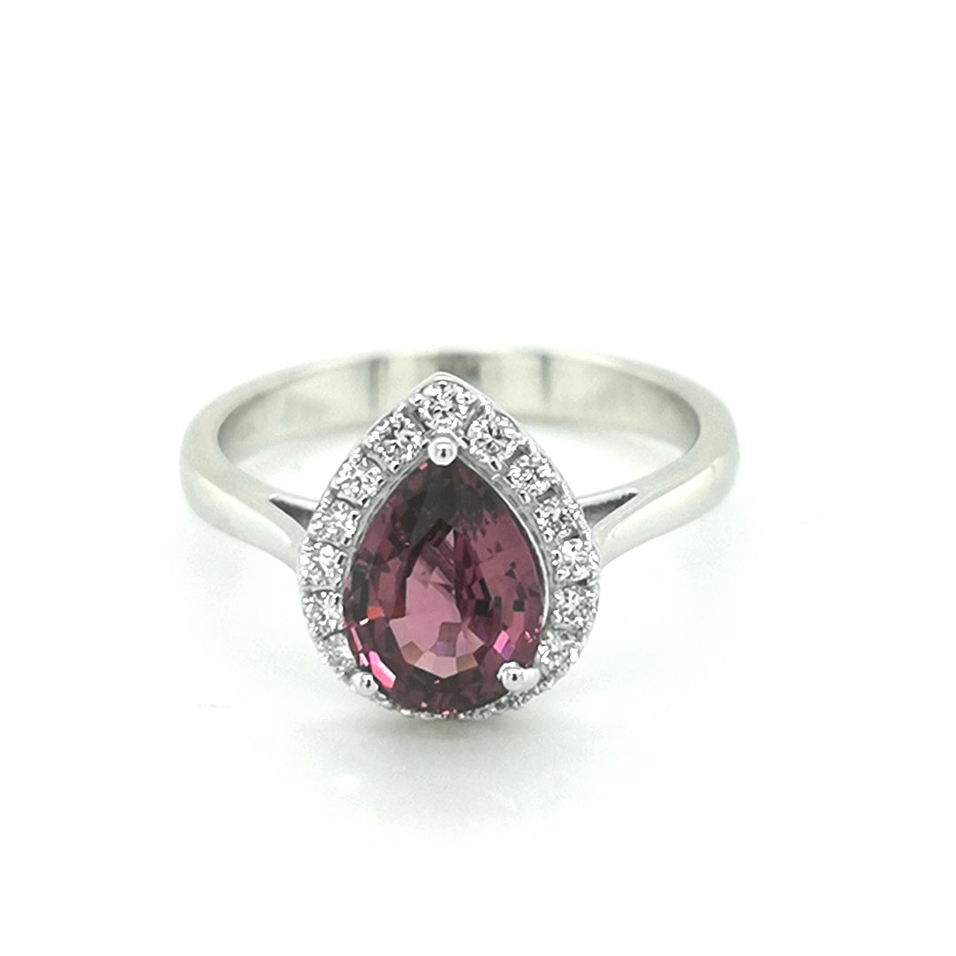 Halo Rhodolite And Diamond Ring In 18k White Gold.