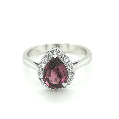 Halo Rhodolite And Diamond Ring In 18k White Gold.